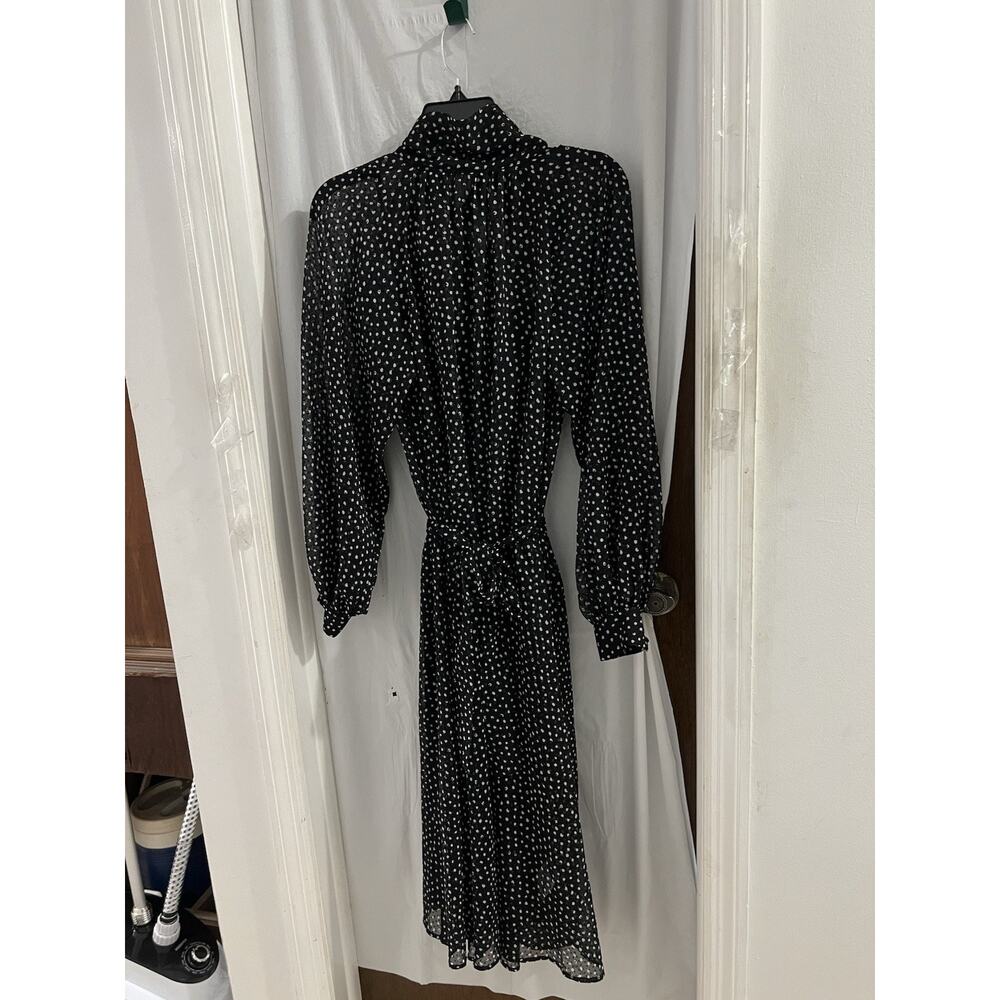 Banana Republic Black White Belted Polka Dot Swiss Dot Tie Neck Midi Dress Sz S